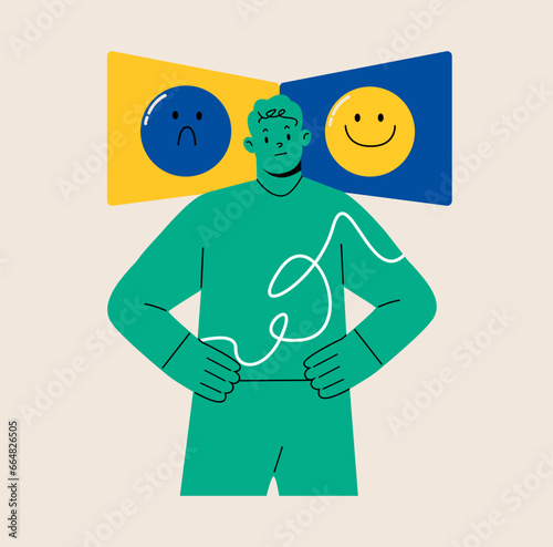 Man is next to two icons with sad and cheerful faces. Choice of mood. Colorful vector illustration