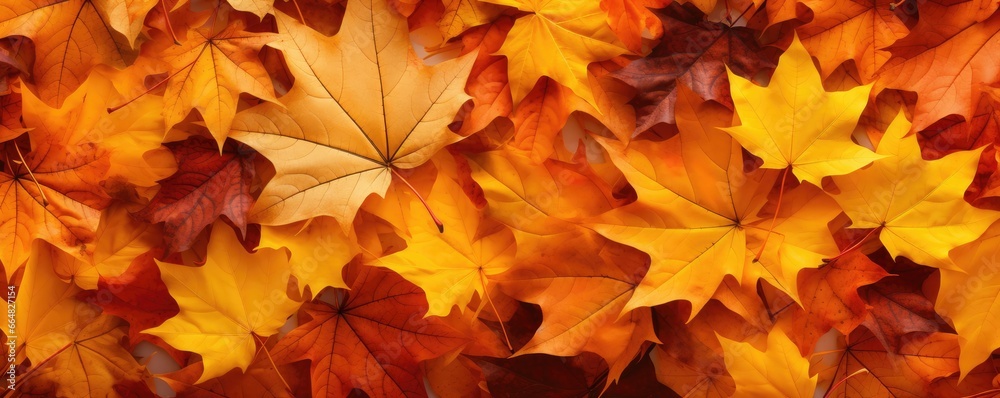 Autumn maple orange leaves many together, panorama. Generative Ai.