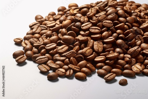 A heap of roasted coffee beans on a plain background. Generative AI