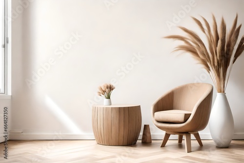 Beige Barrel Chair  Stump Side Table  and Pampas Grass Vase in Modern Living Room.