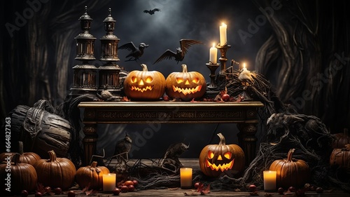 Halloween pumpkin background. Pumpkin head lantern with burning candles.