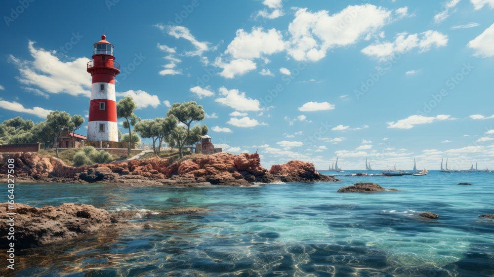A beautiful lighthouse against a blue sky and sea