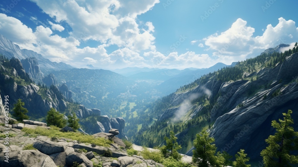 A breathtaking panoramic view from the edge of a cliff, overlooking a pristine, untouched valley.