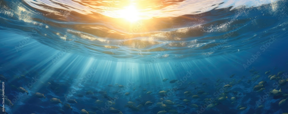 Underwater view of many plastic pollution in ocean water with swimming turtles, panorama. Generative Ai. Underwater view of many plastic pollution in ocean water with swimming turtles, panorama. Generative Ai.