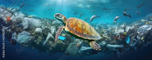 Underwater view of many plastic pollution in ocean water with swimming turtles, panorama. Generative Ai.