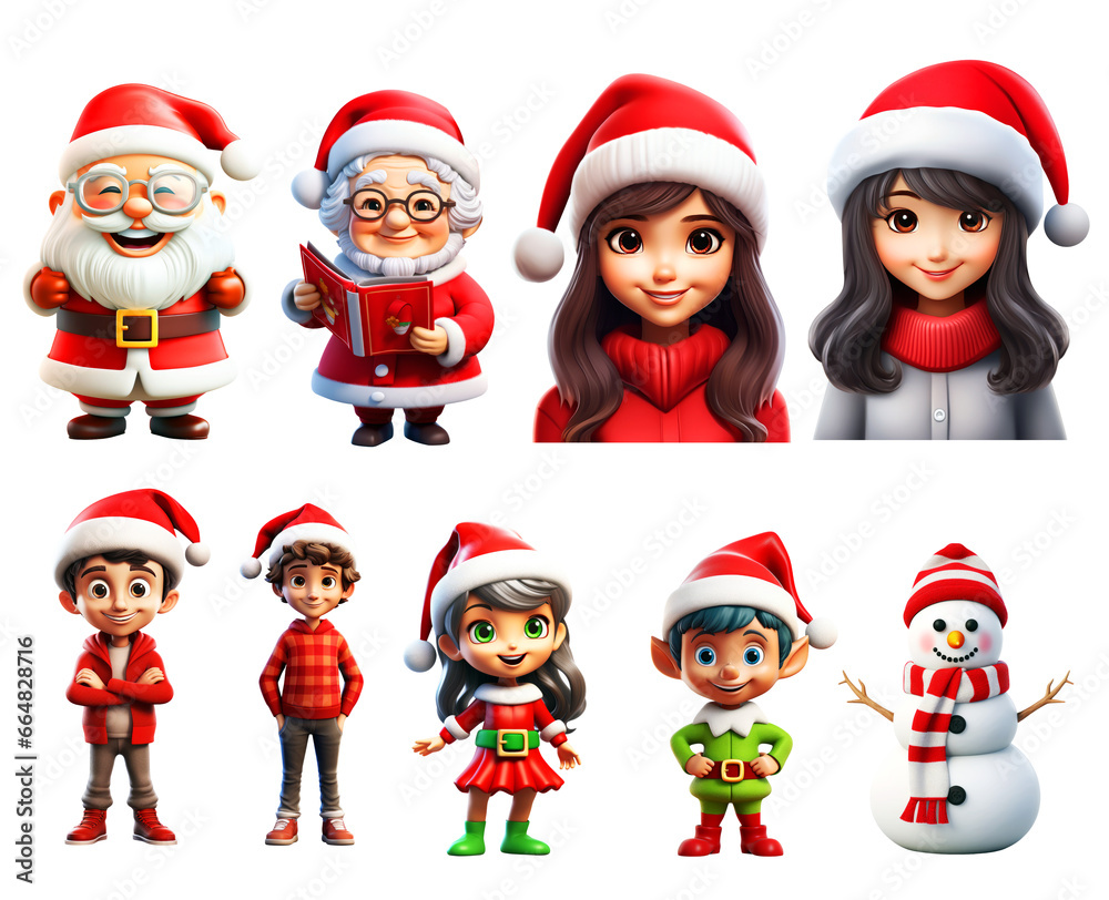 3D Christmas characters and element icon set