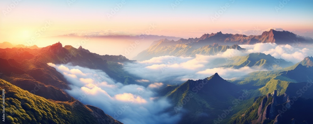 Foggy Madeira mountains with peaks in the clouds with perfect light, panorama. Generative Ai.