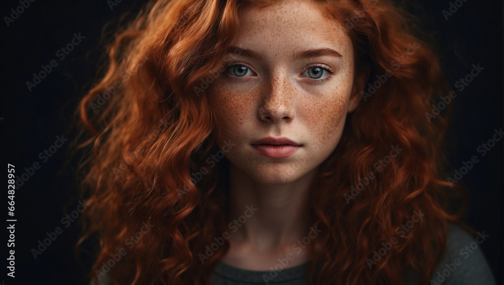 Fototapeta premium Artistic portrait of young redhead girl smiling, black flat studio background