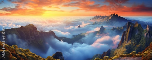 Foggy Madeira mountains with peaks in the clouds with perfect light, panorama. Generative Ai. photo