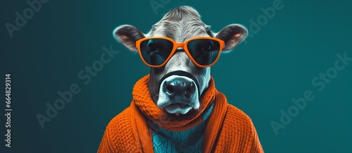 A cow wearing a sweater and sunglasses, in the style of vivid portraiture, bio-art, groovy aesthetics, and bold fashion photography, featuring dark cyan and orange hues in lively tableaus. photo