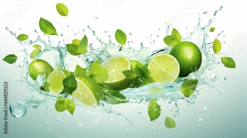 Mojito drink wave splash with lime, ice cubes, water swirl, and mint leaves.  liquid beverage with citrus fruit slices, water droplets, and frozen icy blocks