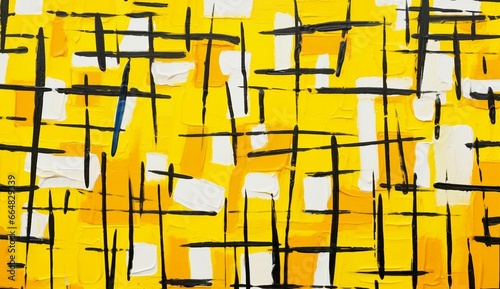 An all-yellow geometric grid with black lines, resembling childlike abstraction with a hand-drawn quality