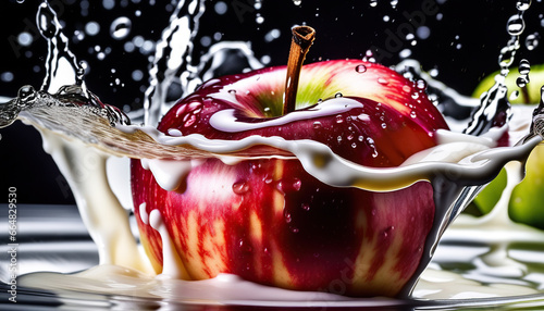 Apple falling into a liquid or milk. Frozen motion.