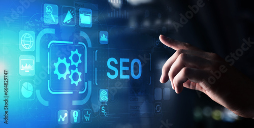 SEO - Search engine optimisation, Digital Internet marketing concept on virtual screen.