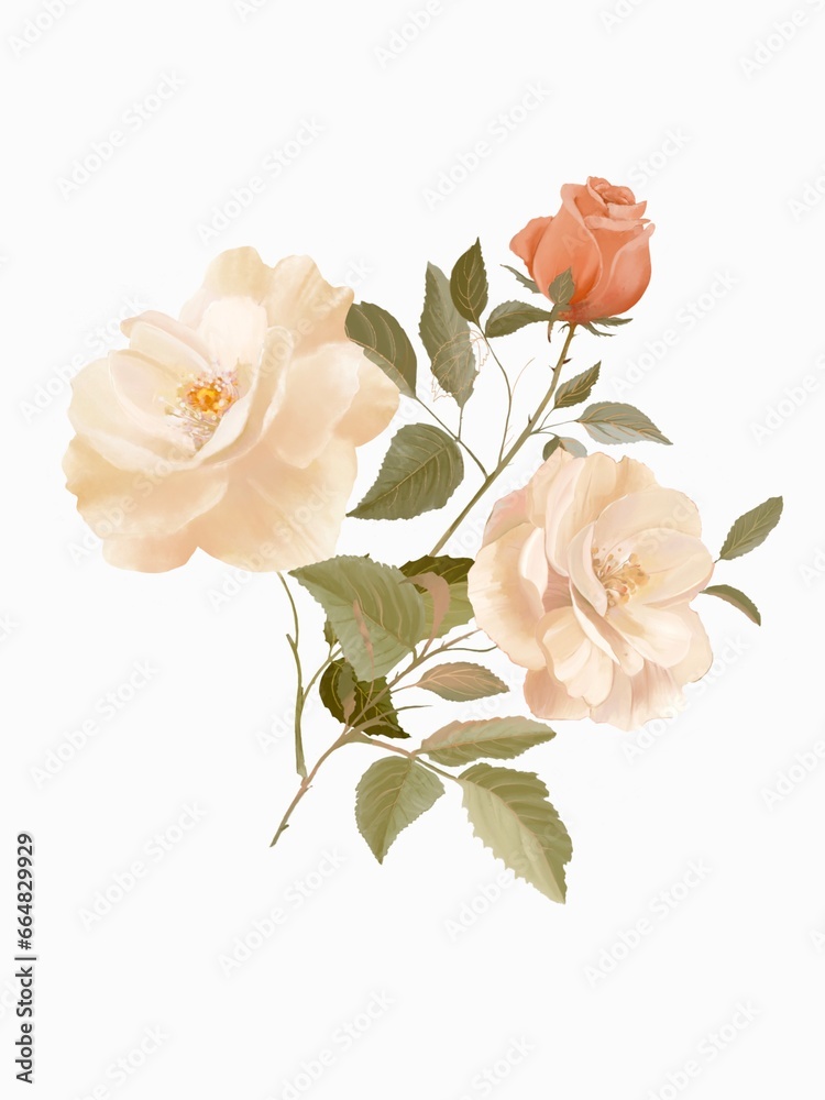 On a white background, a floral bouquet with two cream-colored and one orange rose. Digital watercolor painting. Perfect for various projects and designs.