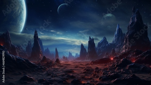 An alien planet's surface, featuring bizarre and otherworldly rock formations beneath a vibrant, starry sky. © Amna