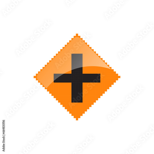 Cross road ahead road sign pixel art vector illustration