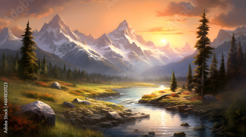 Frame the pristine tranquility of a mountain sunrise, with golden rays piercing through towering peaks and casting a warm glow on the serene landscape. © CanvasPixelDreams