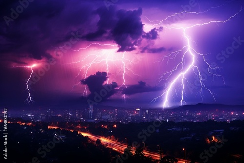 Purple lightning storm over urban area. Generative AI