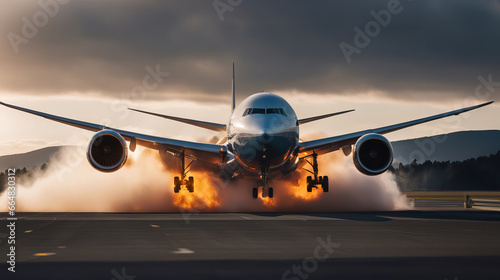 Sabotage and Disaster - burning Airplane Landing on Landingstrip, created with Generative AI technology photo