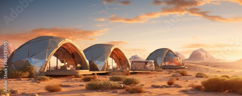 Glamping houses in magic desert nature with perfect colorful sunset light, panorama. Generative Ai. photo