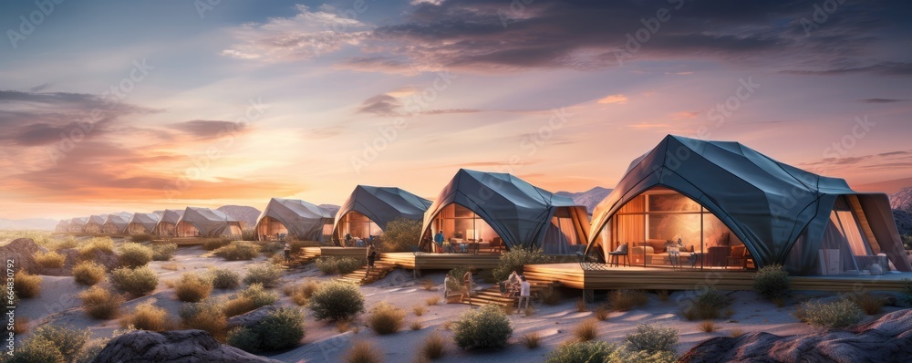 Glamping houses in magic desert nature with perfect colorful sunset light, panorama. Generative Ai. - obrazy, fototapety, plakaty 