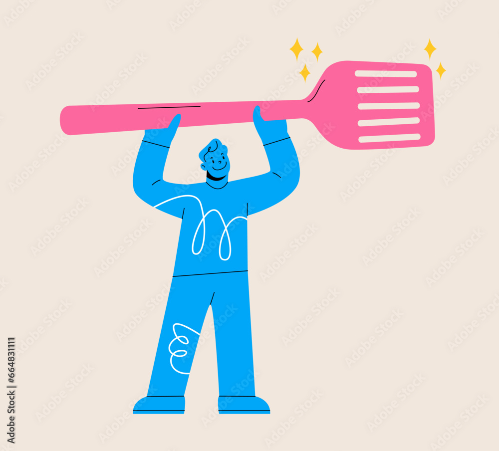 Man hold big spatula. Colorful vector illustration