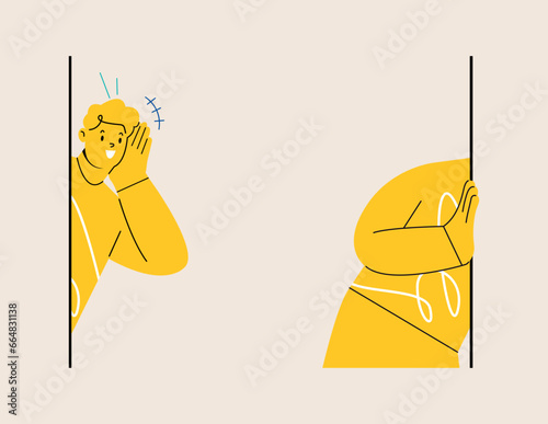 Young interested man  standing looking. Prying and curiosity interest concept. Colorful vector illustration