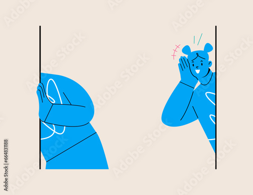 Young interested woman  standing looking. Prying and curiosity interest concept. Colorful vector illustration