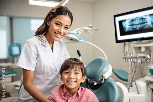 Dentist Series - Perfect Bright and Healthy Teeth, Teenage Boy with Female Dentists in Consulting room, created with Generative AI technology