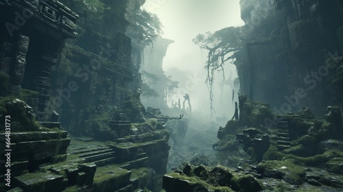 A dense, mist-covered ancient forest with towering trees and hidden ruins from a long-lost civilization. © Amna