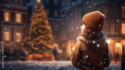 Child Admiring Christmas Tree in Front of Building