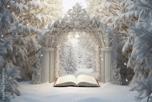 christmas decorated arch, open book with christmas arch in winter forest. magical forest with christmas arch