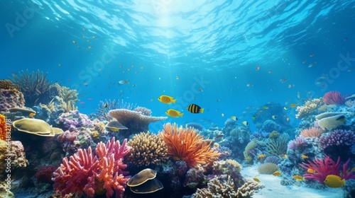An enchanting underwater coral reef, teeming with vibrant marine life, beneath the crystal-clear waters of the ocean.