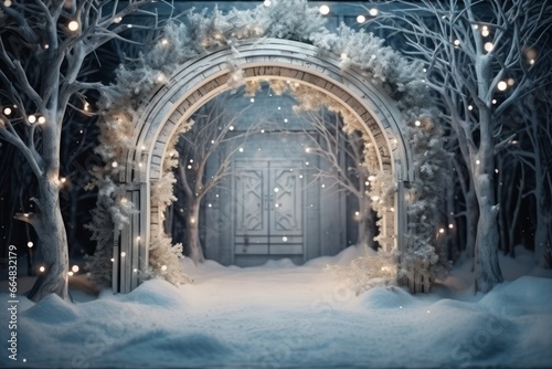 christmas decorated arch, christmas arch in winter forest. magical forest with christmas arch