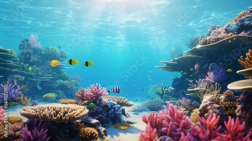 An enchanting underwater coral reef  teeming with vibrant marine life  beneath the crystal-clear waters of the ocean.