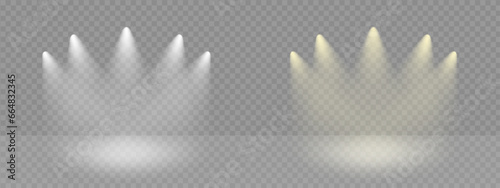 Spot lights shine to illuminate podium. Stage backdrop electric lightning. White ray or sun beam effect on transparent png vector. Music club projectors