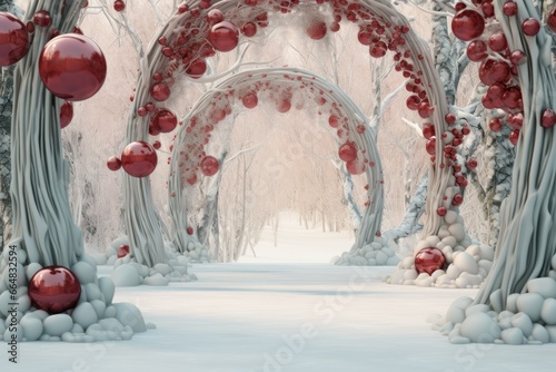 christmas decorated arch, christmas arch in winter forest. magical forest with christmas arch photo