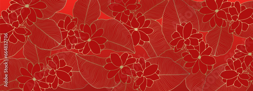 Bright festive floral background with a golden outline of flowers with leaves. Red vector background in Chinese style for cards, holiday invitations, wallpapers, decor, covers.