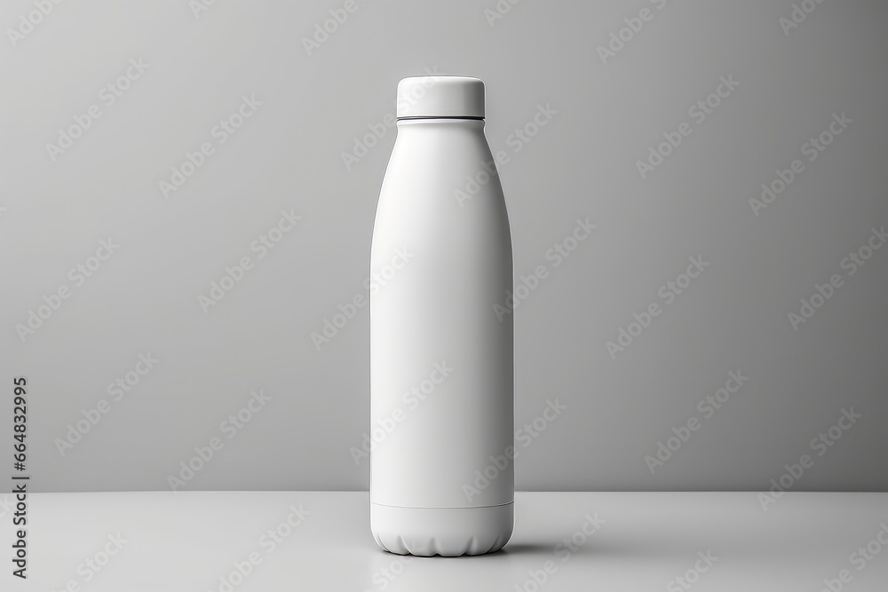 White Thermal Bottle Appears To Levitate Against Gray Background With Subtle Shadow White Thermal Bottle Appears To Levitate Against Gray Background With Subtle Shadow