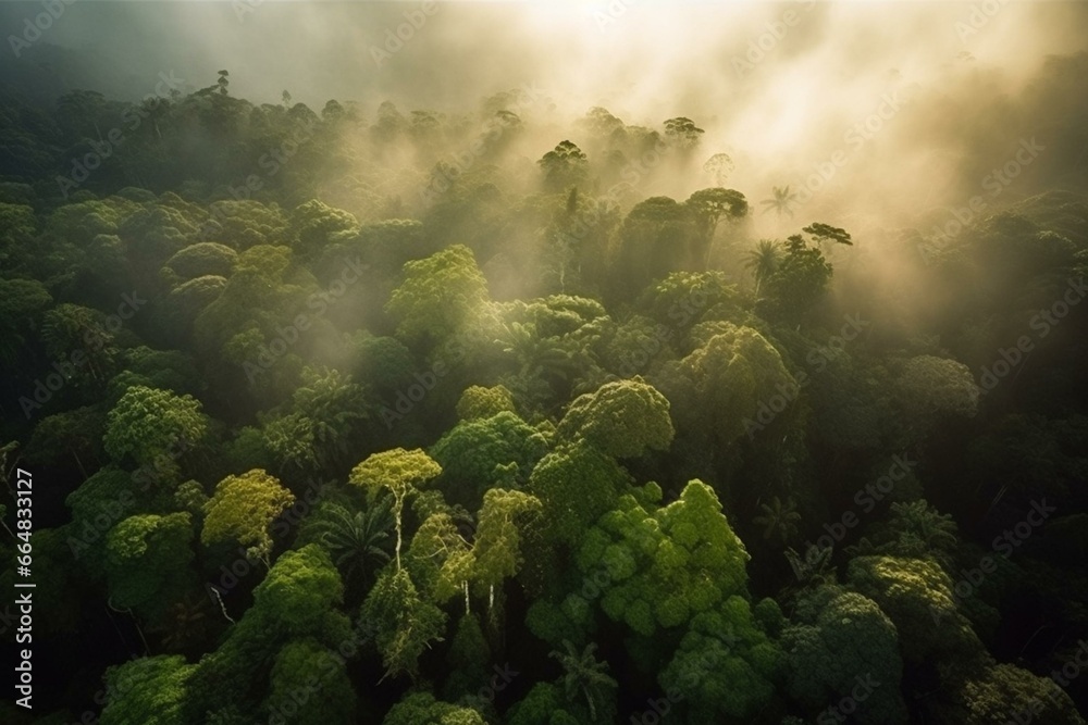 Morning aerial view of misty rainforest with sun rays, fog, and lush tropical foliage. Generative AI