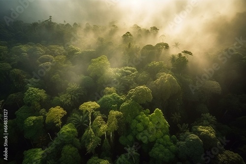 Morning aerial view of misty rainforest with sun rays, fog, and lush tropical foliage. Generative AI