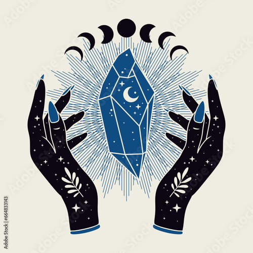 Magical blue crystal and woman hands. Boho illustration. Alchemy esoteric magic space, vector isolated on light background.