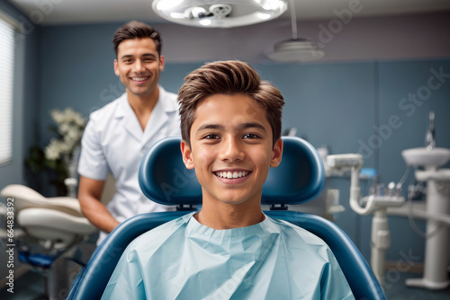 Dentist Series - Perfect Bright and Healthy Teeth, Teenage Boy with Male Dentists in Consulting room, created with Generative AI technology photo