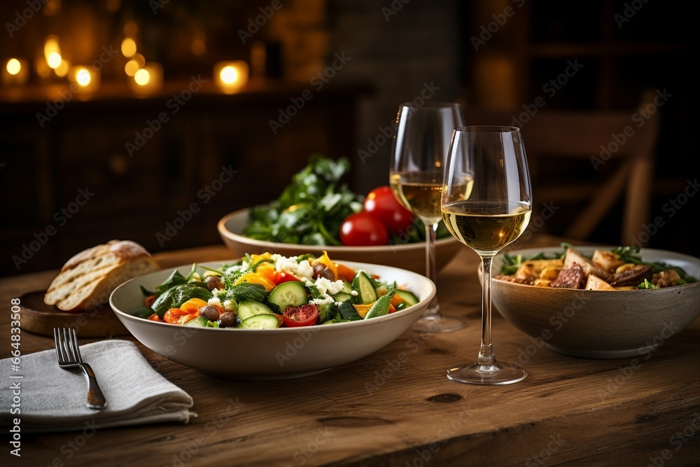 A table set with various delectable dishes and wine glasses, displaying a sumptuous meal arrangement in an elegant setting. A table set with various delectable dishes and wine glasses, displaying a sumptuous meal arrangement in an elegant setting.