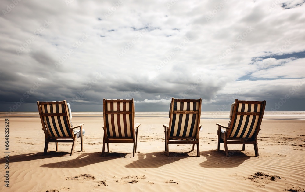 Four Beach Lounge Chairs with Overcast Sky Four Beach Lounge Chairs with Overcast Sky
