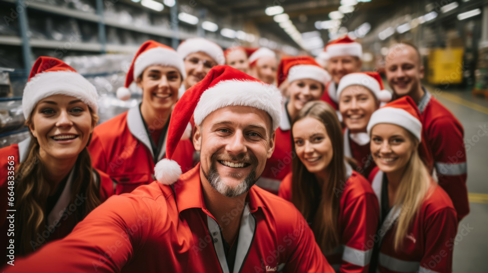 Fototapeta premium Selfie of happy volunteers or workers in warehouse. Wearing christmas caps smiling.
