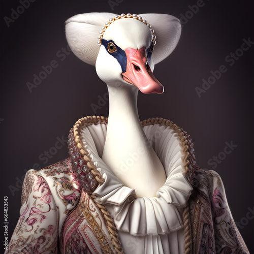 Fototapeta Naklejka Na Ścianę i Meble -  Realistic lifelike swan bird in renaissance regal medieval noble royal outfits, commercial, editorial advertisement, surreal surrealism. 18th-century historical	

