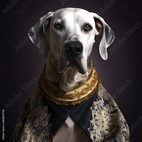 Realistic lifelike great dane dog puppy in renaissance regal medieval noble royal outfits, commercial, editorial advertisement, surreal surrealism. 18th-century historical 