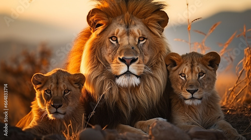 Lions family closed up in safari with warm light.